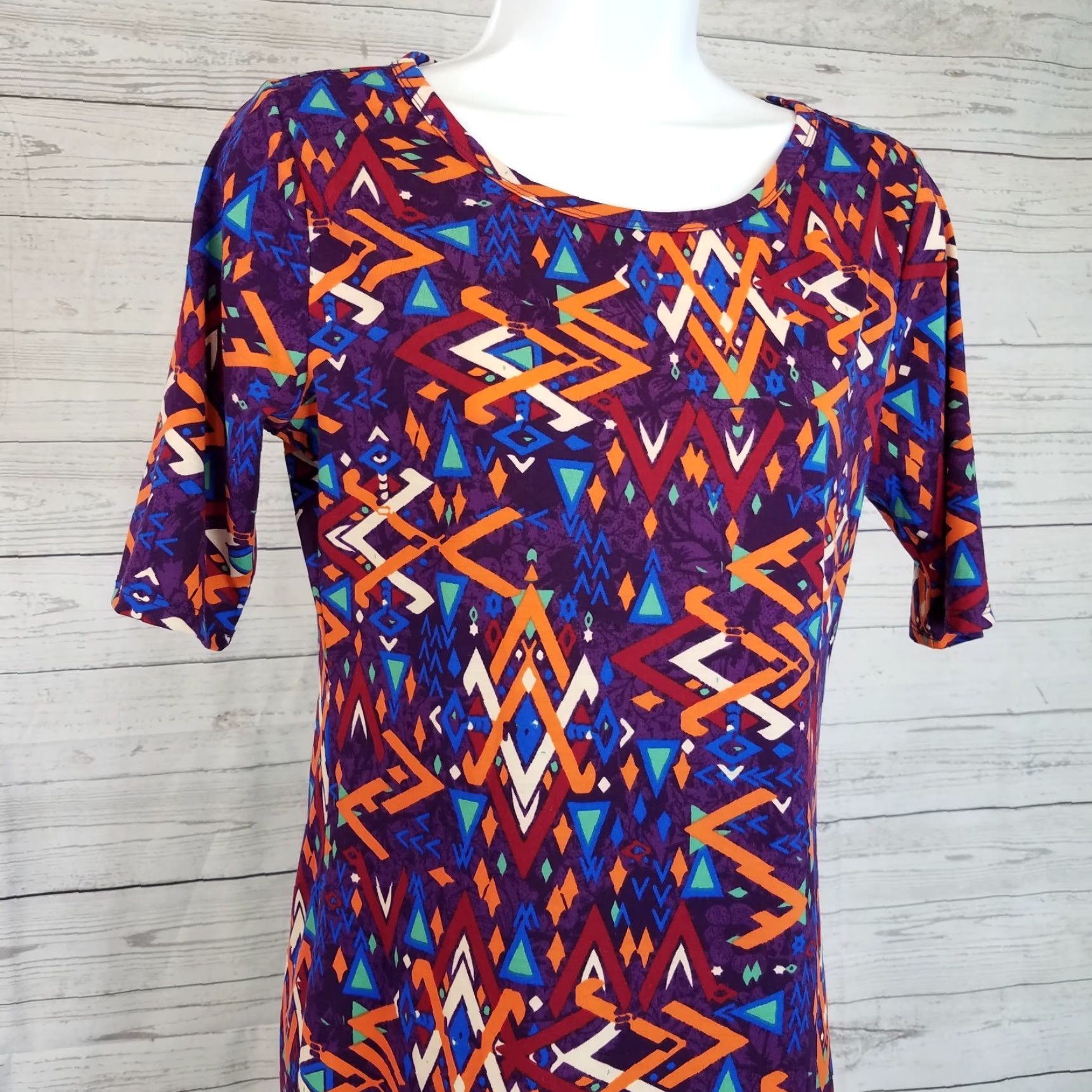 Vintage LuLaRoe Womens Julia Dress Sz S Purple Orange Geometric Short Sleeve Crew Neck Pullover Knee Length Casual Sheath Size 28" / US 6 / IT 42 - 3 Thumbnail