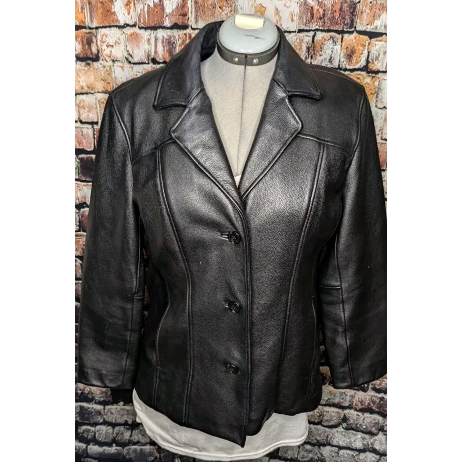 Vintage Wilsons Leather Womens Jacket Large Black Button Heavy Duty Car Church Coat Size L / US 10 / IT 46 - 2 Thumbnail