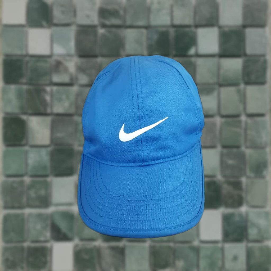 Nike VINTAGE NIKE WHITE SWOOSH BLUE RUNNING DRI-FIT HAT CAP SHIRT? Size ONE SIZE - 1 Thumbnail