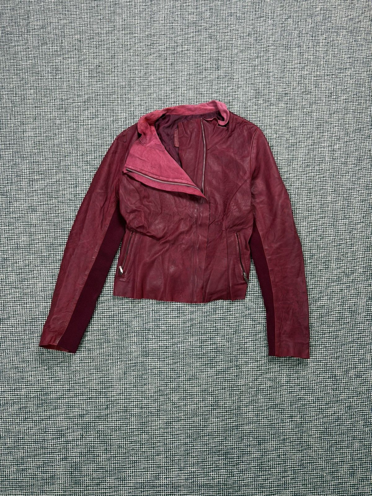 Genuine Leather avant garde asymmetric leather zip jacket pink burgundy Size XS / US 0-2 / IT 36-38 - 1 Thumbnail
