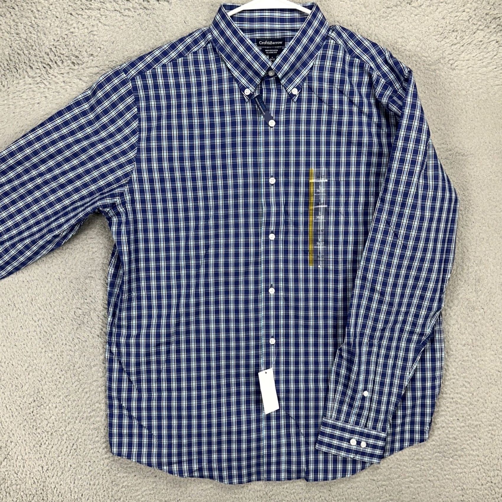Croft & Barrow VINTAGE Croft Barrow Mens Broadcloth Dress Shirt Large 36-37 Blue Plaid Classic Fit NEW Size 42R - 2 Thumbnail