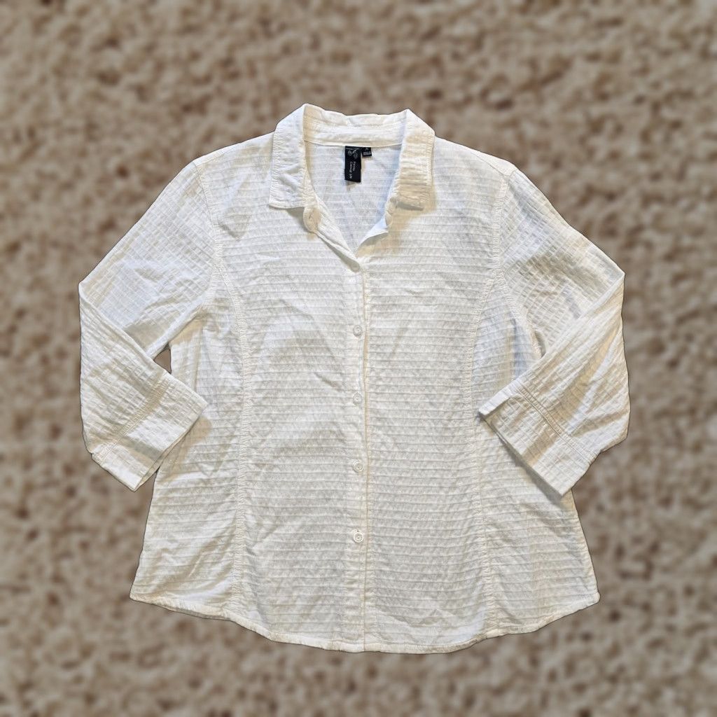 Alife Focus Shirt Womens M White Ribbed Button Long Sleeve Blouse 3/4 Sleeve Casual Office Everyday Womens Size M / US 6-8 / IT 42-44 - 1 Thumbnail