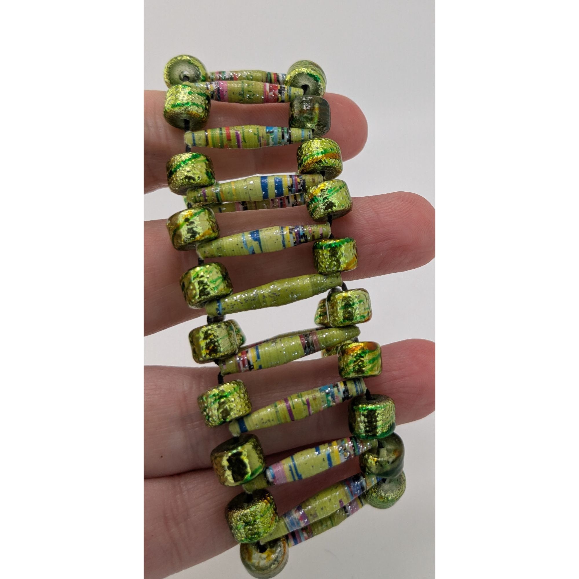 Handmade Handmade Metallic Green Paper Bead Stretch Bracelet Size ONE SIZE - 1 Thumbnail