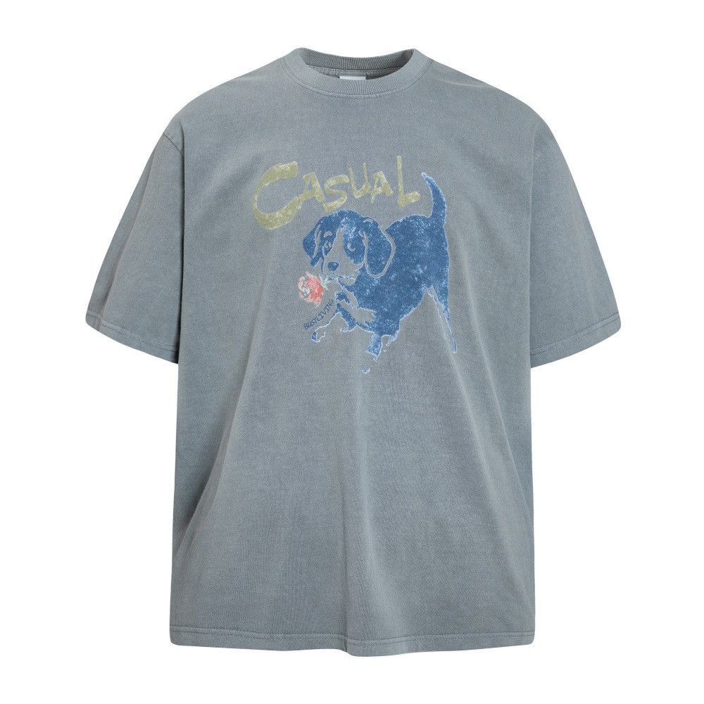 Japanese Brand Men's Washed Distressed T-Shirt with Cartoon Puppy Print Size US M / EU 48-50 / 2 - 1 Thumbnail