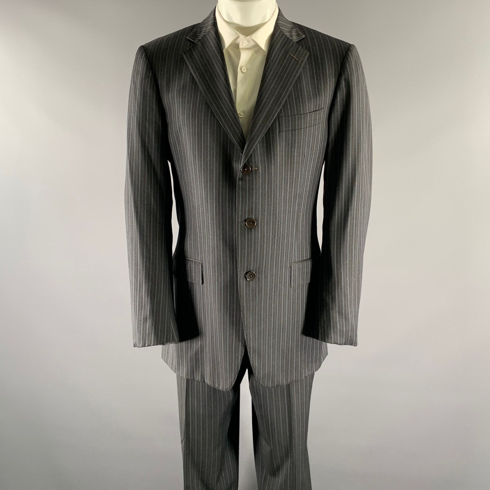 Ermenegildo Zegna ERMENEGILDO ZEGNA Grey Blue Stripe Wool Notch Lapel Suit Size 52L - 1 Thumbnail