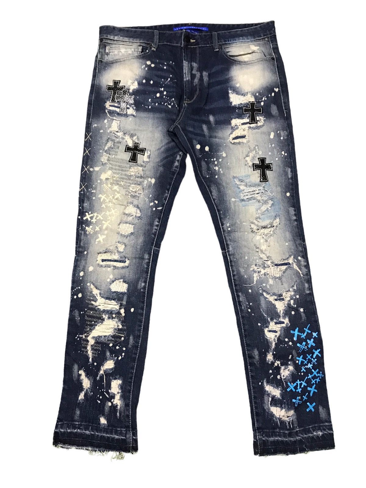 Seditionaries 🔥🔥VERY RARE🔥🔥Bleu Noir Cross Patchwork Distressed Jeans Size US 37 - 1 Thumbnail
