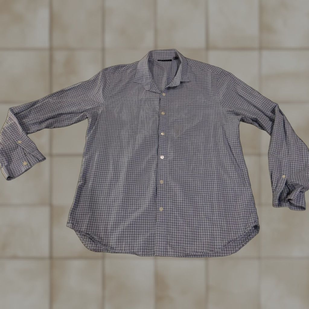 Theory Theory Shirt Mens XL Blue Gray Gingham Check Button Down Long Sleeve Cotton Size US XL / EU 56 / 4 - 1 Thumbnail