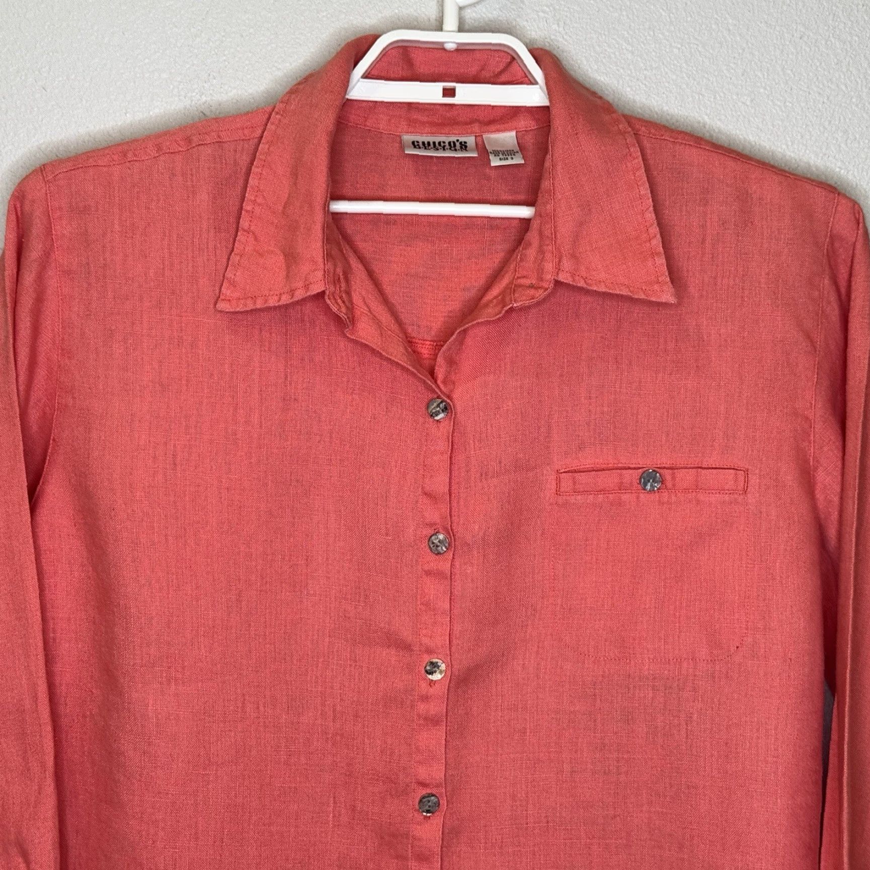 Vintage Chico’s Button-Up Top Women Size 3 Linen Long Sleeve Collared Pocket Salmon Orange II0? Size XS / US 0-2 / IT 36-38 - 2 Thumbnail