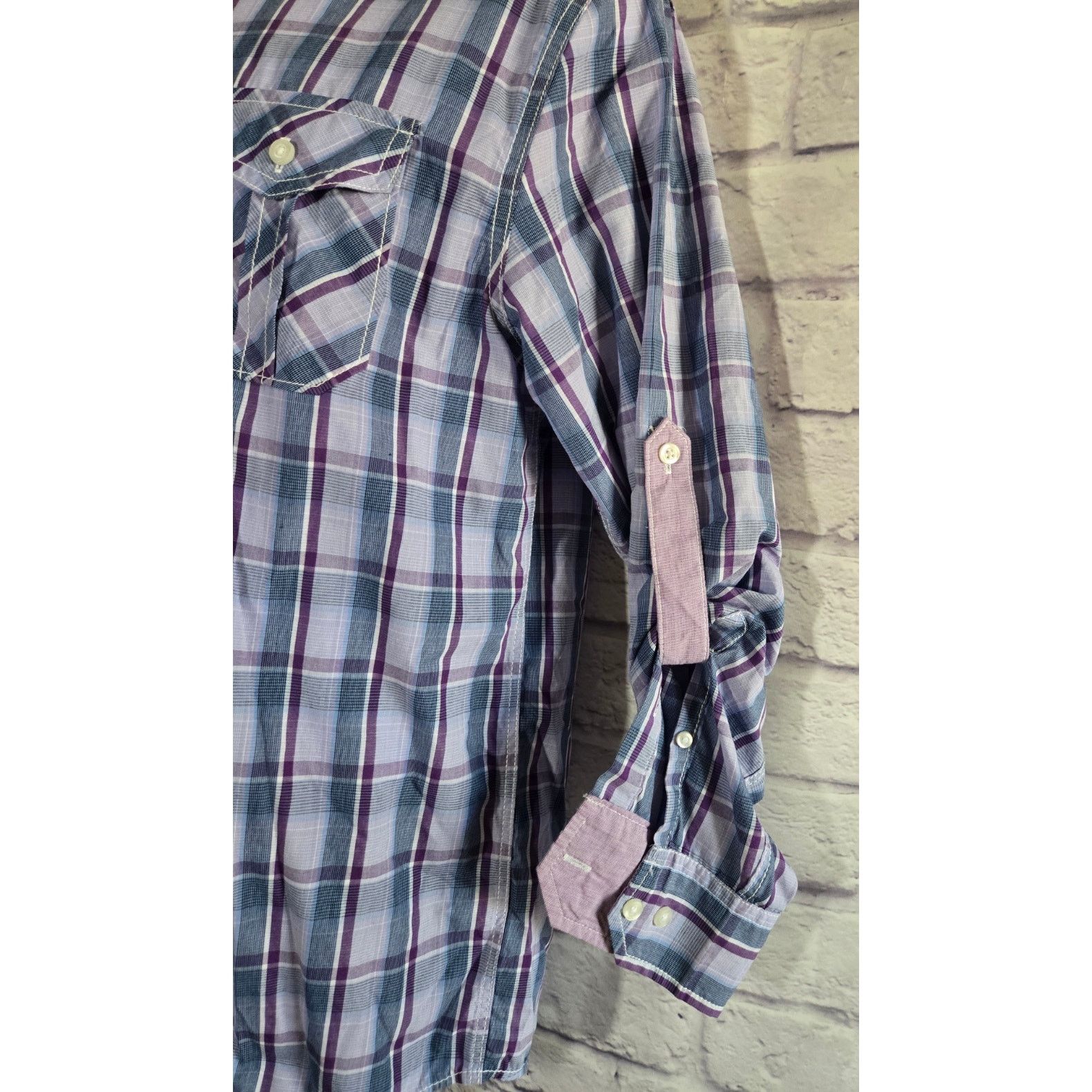 Other Michael Brand Purple Blue Plaid Roll Tab Button Shirt M Size US M / EU 48-50 / 2 - 2 Thumbnail