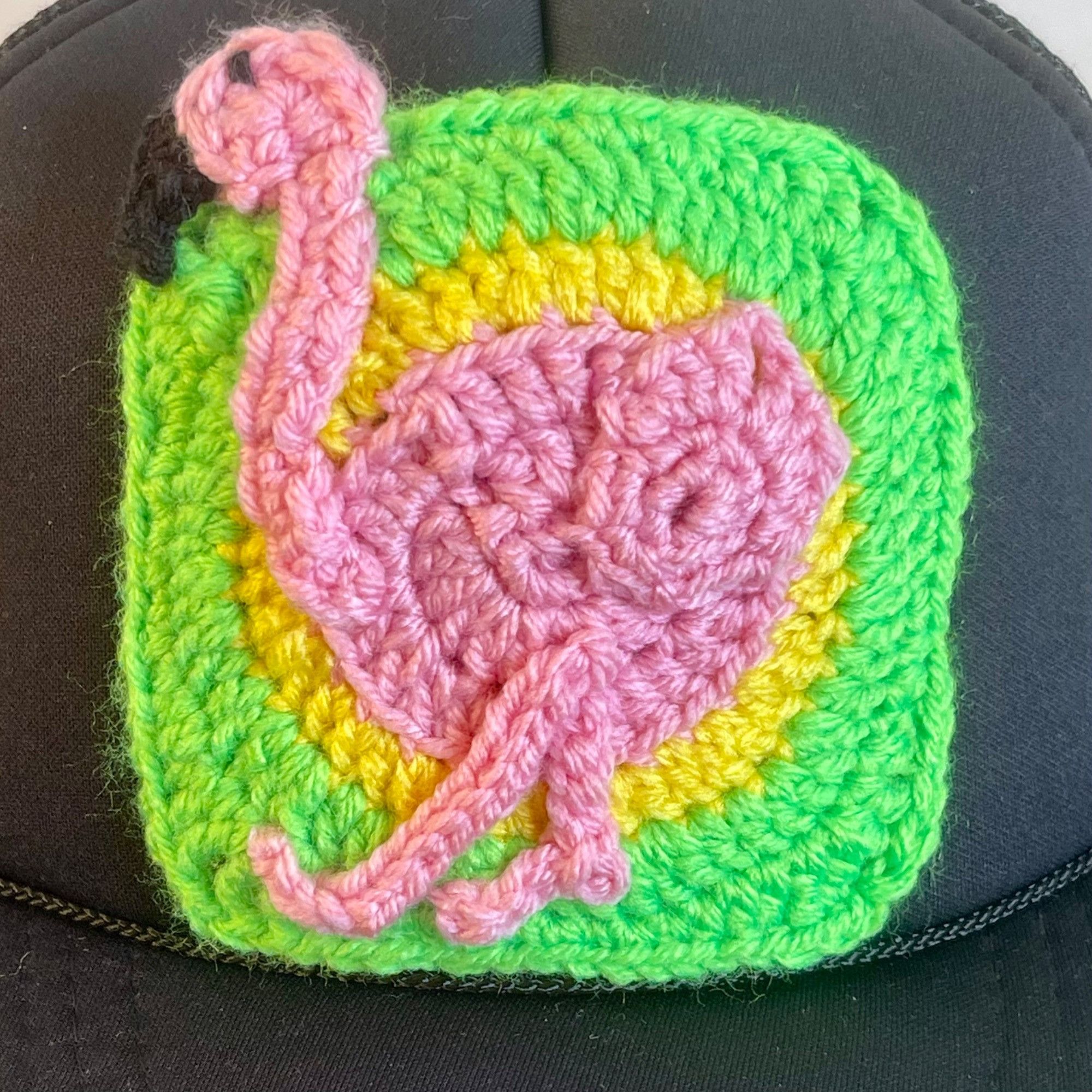 Handmade Trucker Hat w/ Crochet Flamingo Granny Square Style Adjustab Size ONE SIZE - 2 Thumbnail