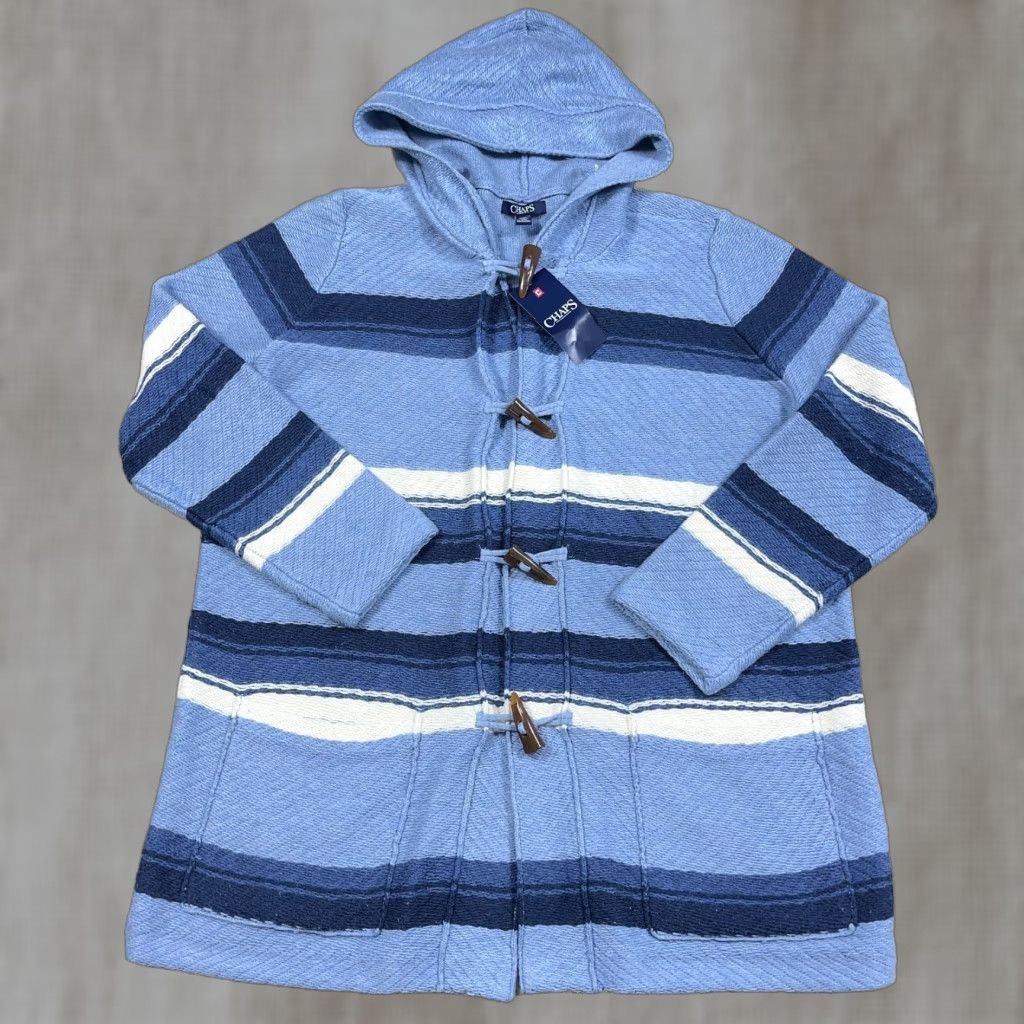 Chaps Chaps Cardigan Sweater Women 1X Blue Hooded Striped Toggle Buttons Bohemian Winter Cardigan Women 1X Blue Hooded Striped Chaps Sweater Men? Size XL / US 12-14 / IT 48-50 - 1 Thumbnail