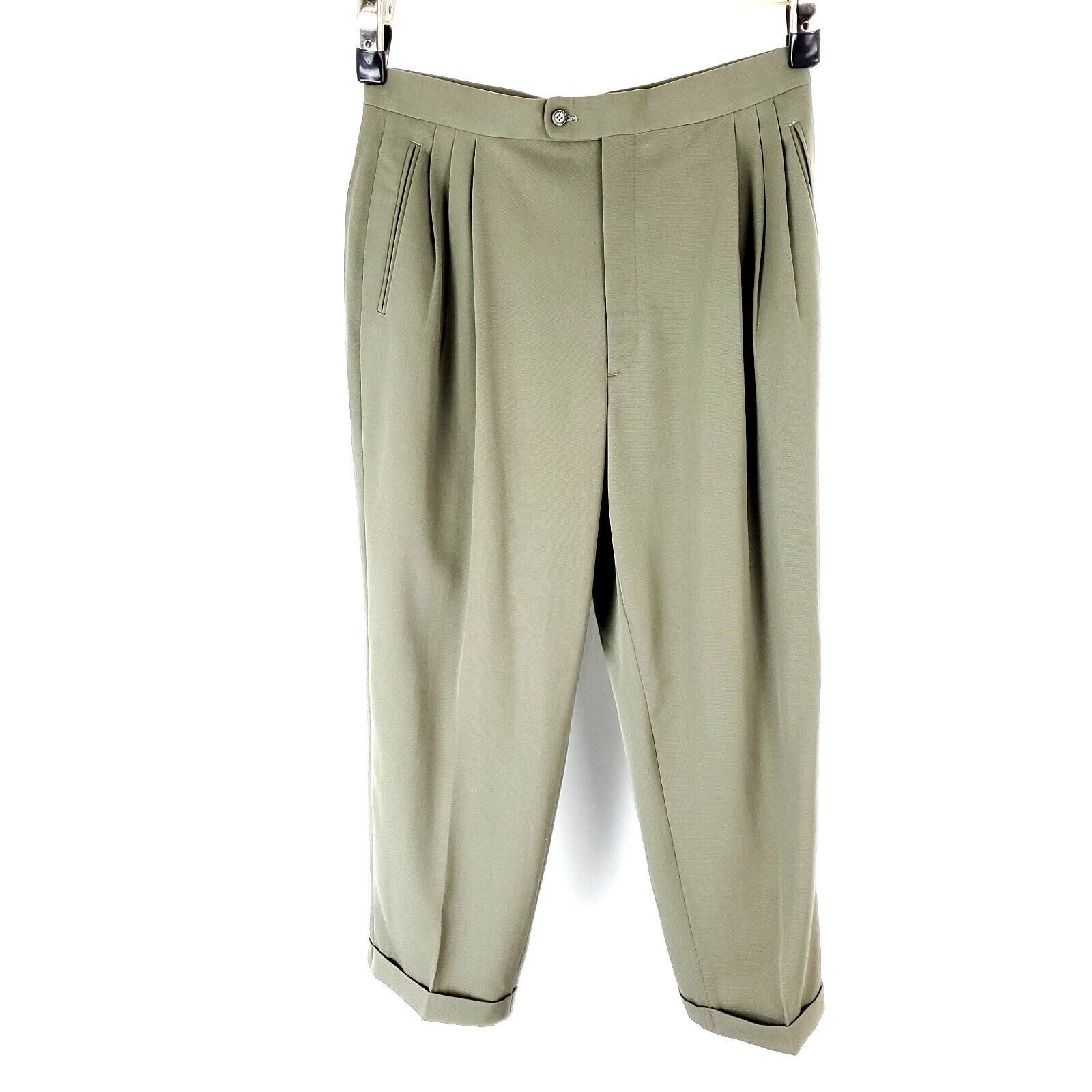 Designer Greg Peters Wool Dress Pants 37/28 Green Beige Pleated Cuffe Size 36R - 3 Thumbnail