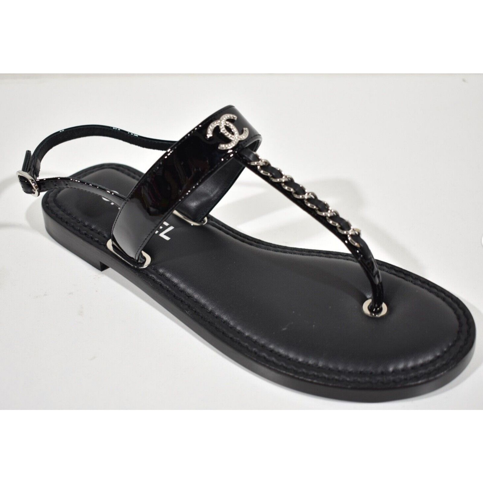 Chanel Chanel 22C Black Patent Silver Chain CC Logo Mule Slide Size US 8.5 / IT 38.5 - 5 Thumbnail