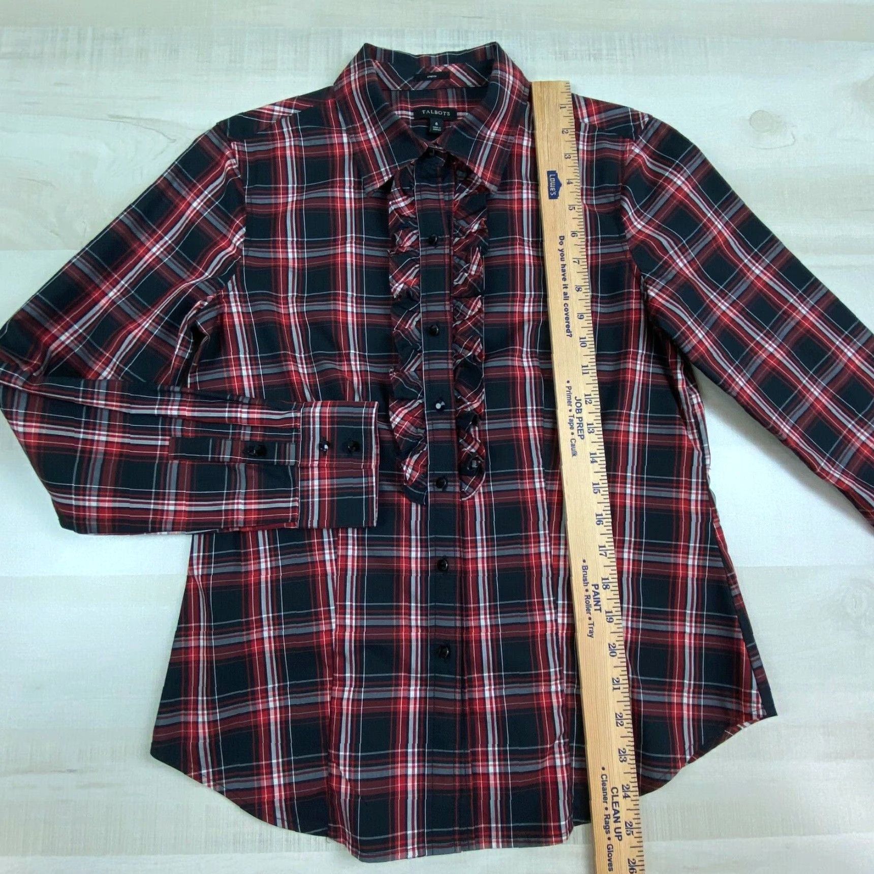 Talbots Talbots Womens Plaid Button Up Shirt Size 6 Red Black Ruffled Front Fitted Stretch Size M / US 6-8 / IT 42-44 - 6 Thumbnail