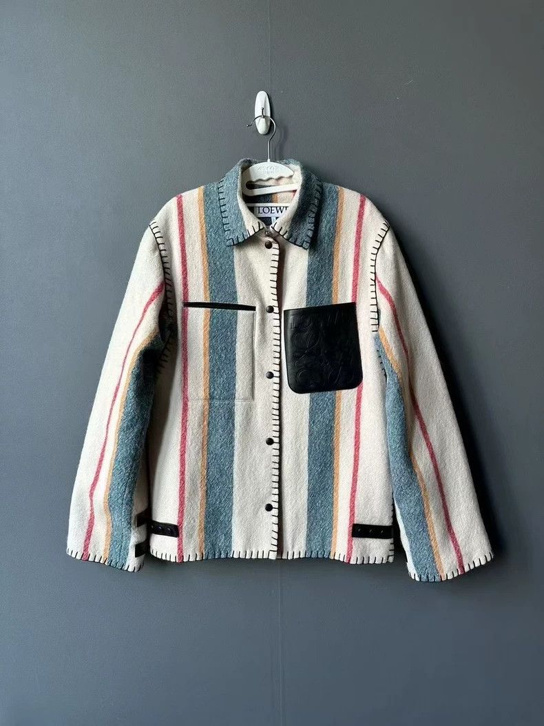 LOEWE Striped leather badge wool coat