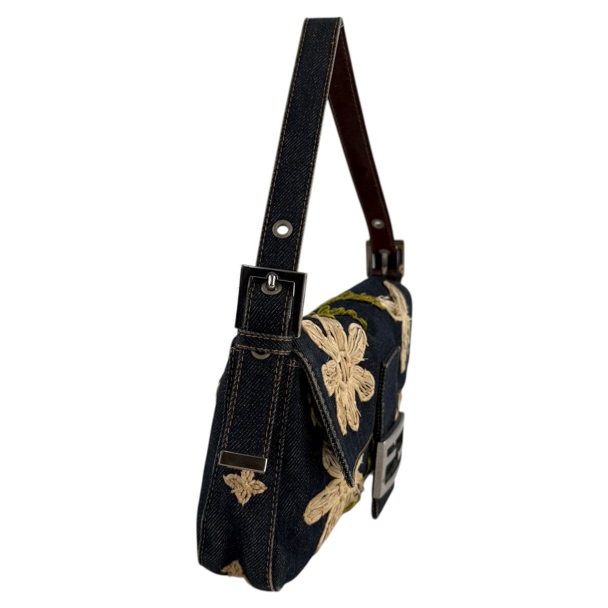 Fendi Fendi Embroidered Flowers Denim Baguette Shoulder Bag Size ONE SIZE - 3 Thumbnail