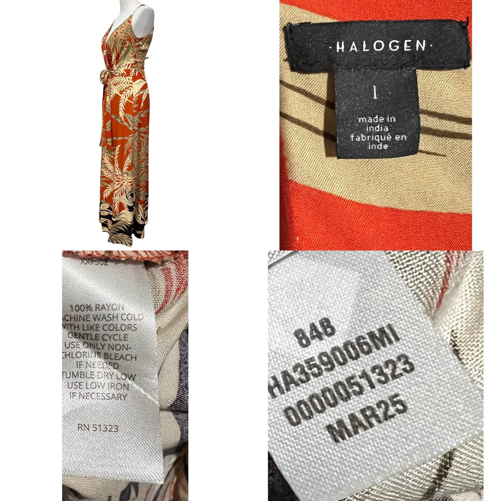 Vintage Halogen Palm Print Maxi Dress Belted Orange Tan V-Neck Adjustable Straps Size L Size L / US 10 / IT 46 - 9 Thumbnail