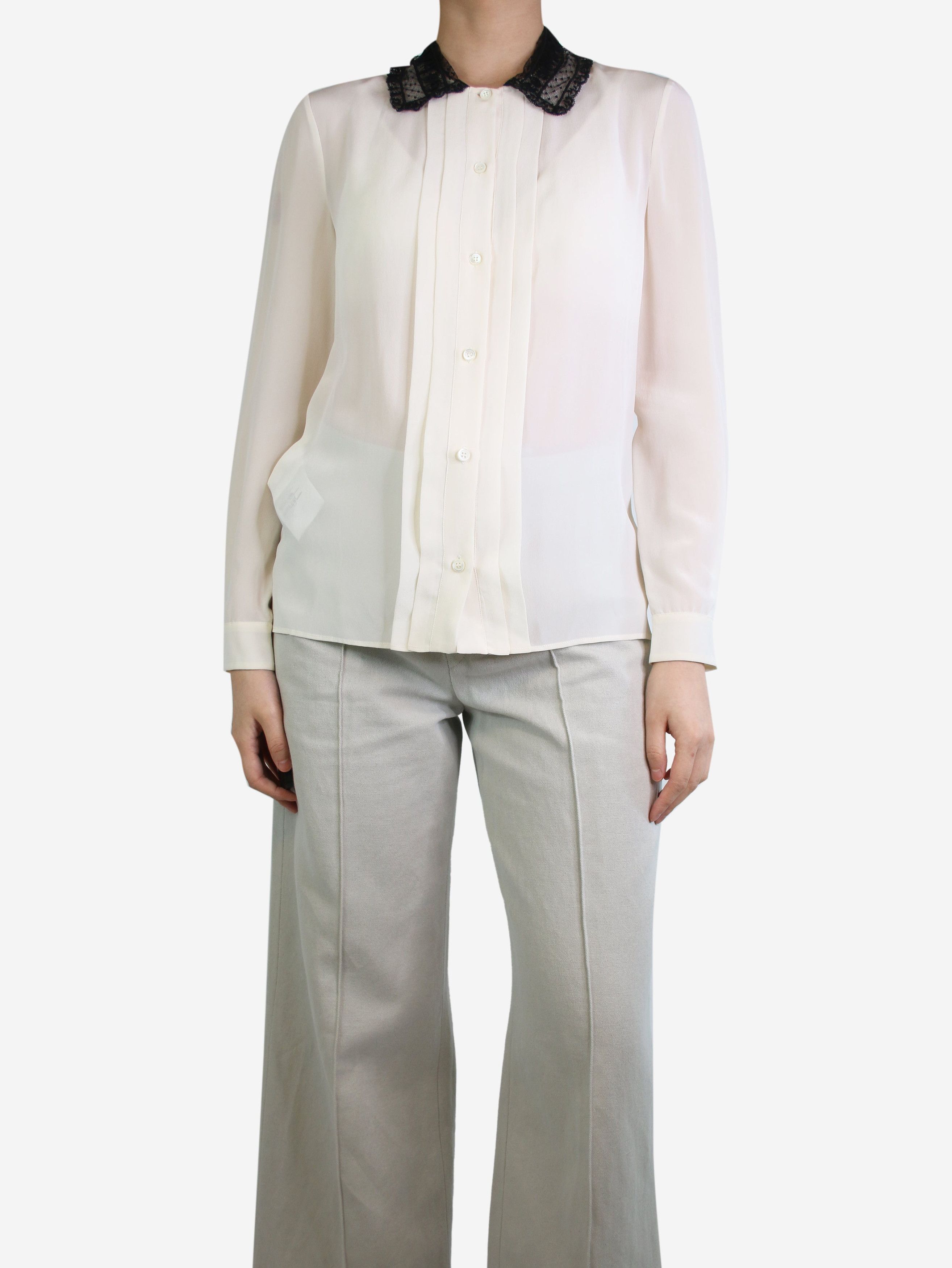 image of Miu Miu Cream Lace-Collar Silk Shirt - Size Uk 8, Women's