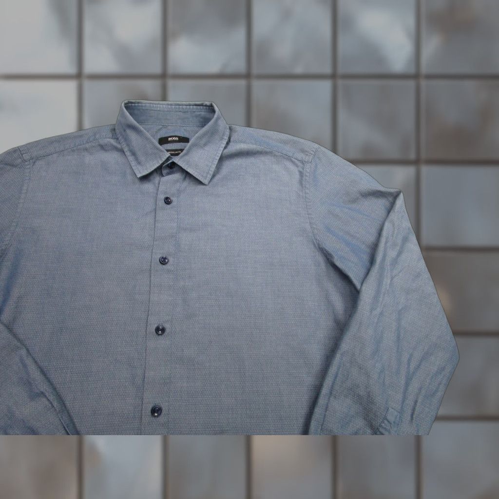 Hugo Boss Hugo Boss Shirt Mens Large Blue Regular Fit Lukas_1F Geometric Dress Long Sleeve Size 42R - 1 Thumbnail