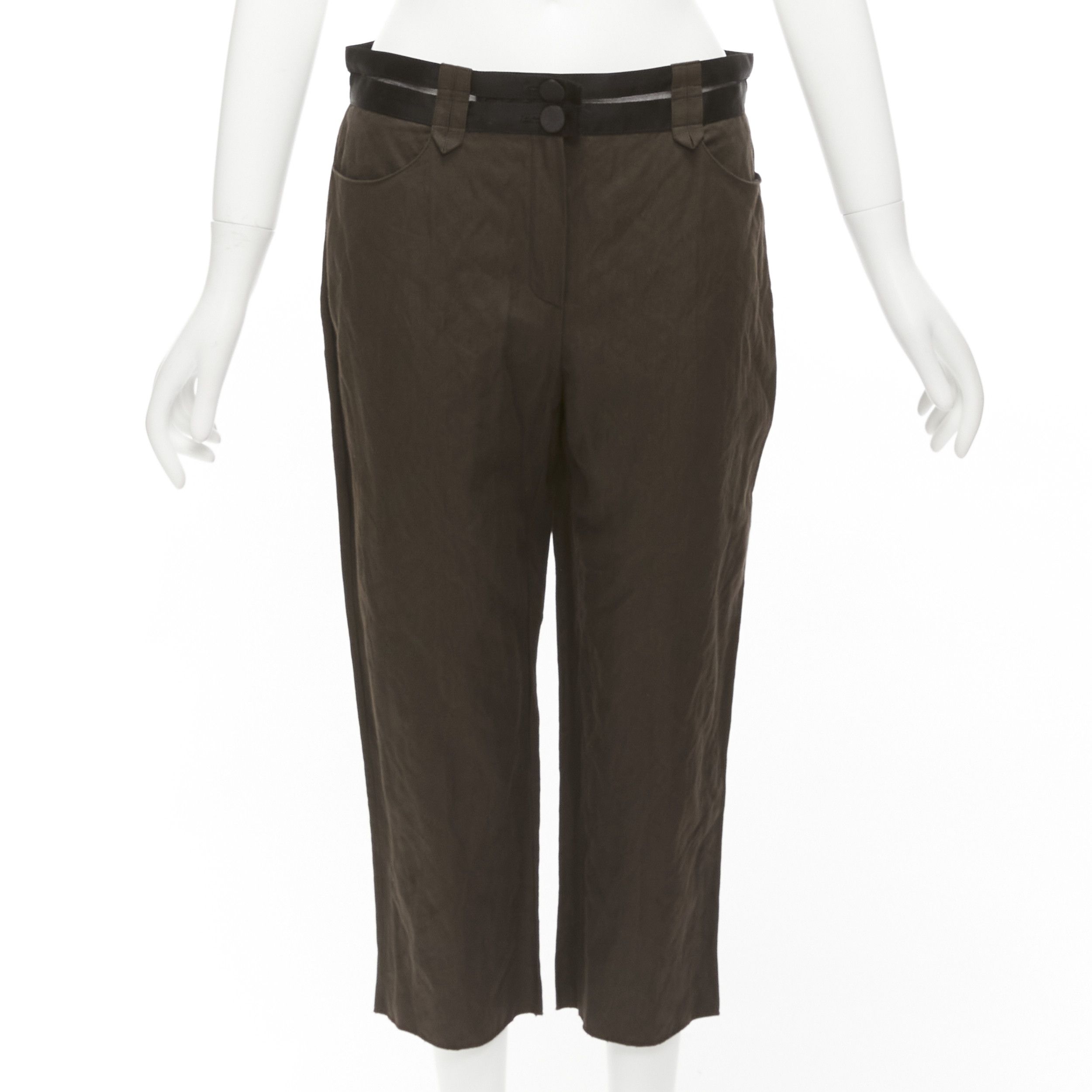 image of Lanvin 2005 Dark Brown Black Cotton Blend Sheer Waistband Crop Pants Fr40 L, Women's (Size 30)