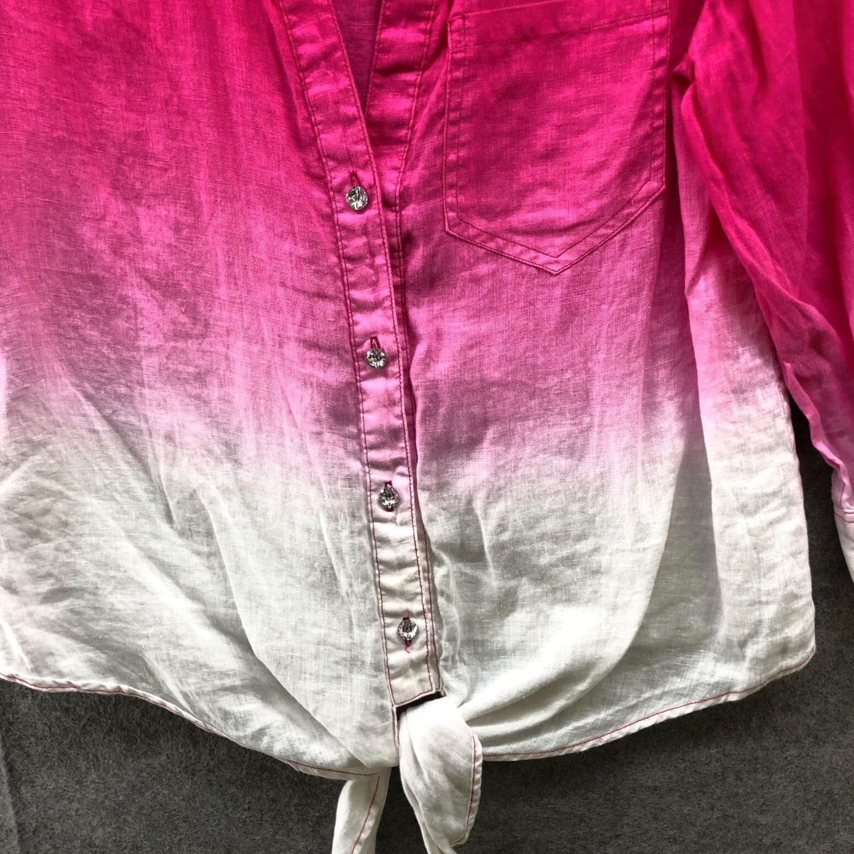 Vintage INC International Concepts Shirt Womens 6 Pink Tie Dye Tie Front 100% Linen 3/4 Sleeve Button Up Knit Brand: INC International Concepts Size M / US 6-8 / IT 42-44 - 4 Thumbnail