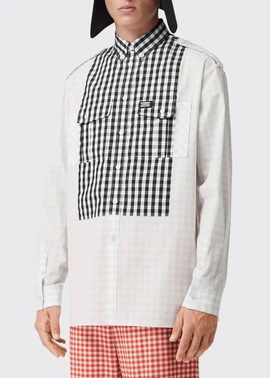 image of Burberry Men's Mixed Gingham Military Shirt in White (Size Large)