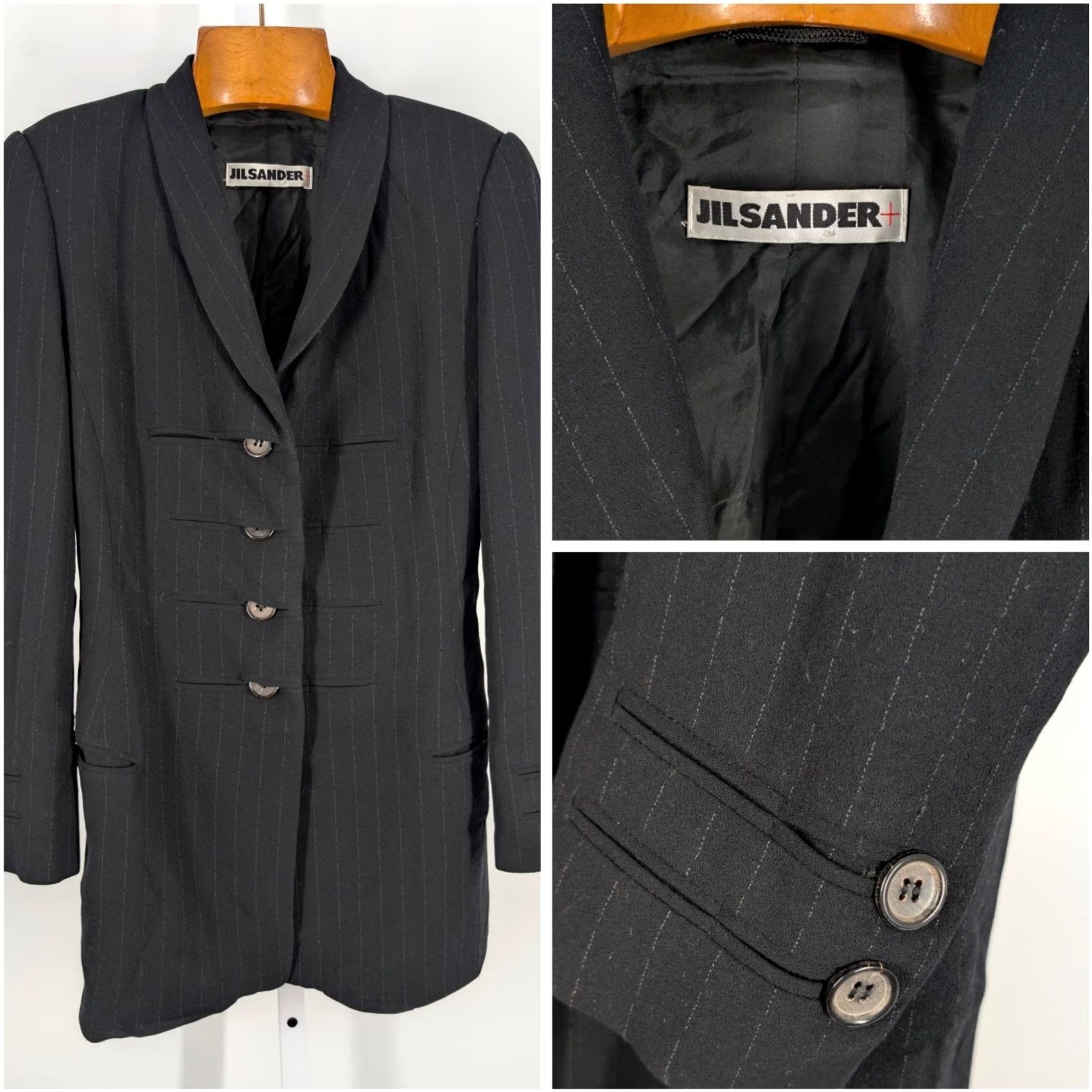 Jil Sander VINTAGE Jil Sander Blazer Jacket Wool Crepe Black Striped Long 36 Womens 90s German Party/Cocktail Business Casual Formal Travel Size XS / US 0-2 / IT 36-38 - 2 Thumbnail