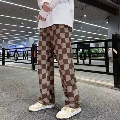 Men's Brown Check Print Baggy Jeans