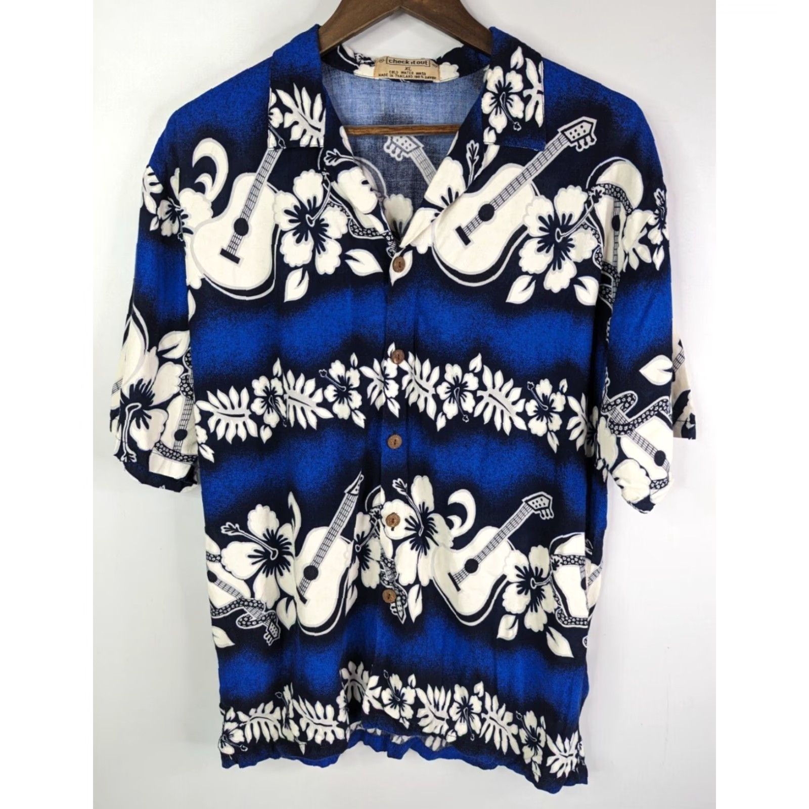 Vintage Vtg 80’s Check It Out Floral Guitars Hawaiian Shirt XL White Blue Button Rayon Size US XL / EU 56 / 4 - 2 Thumbnail