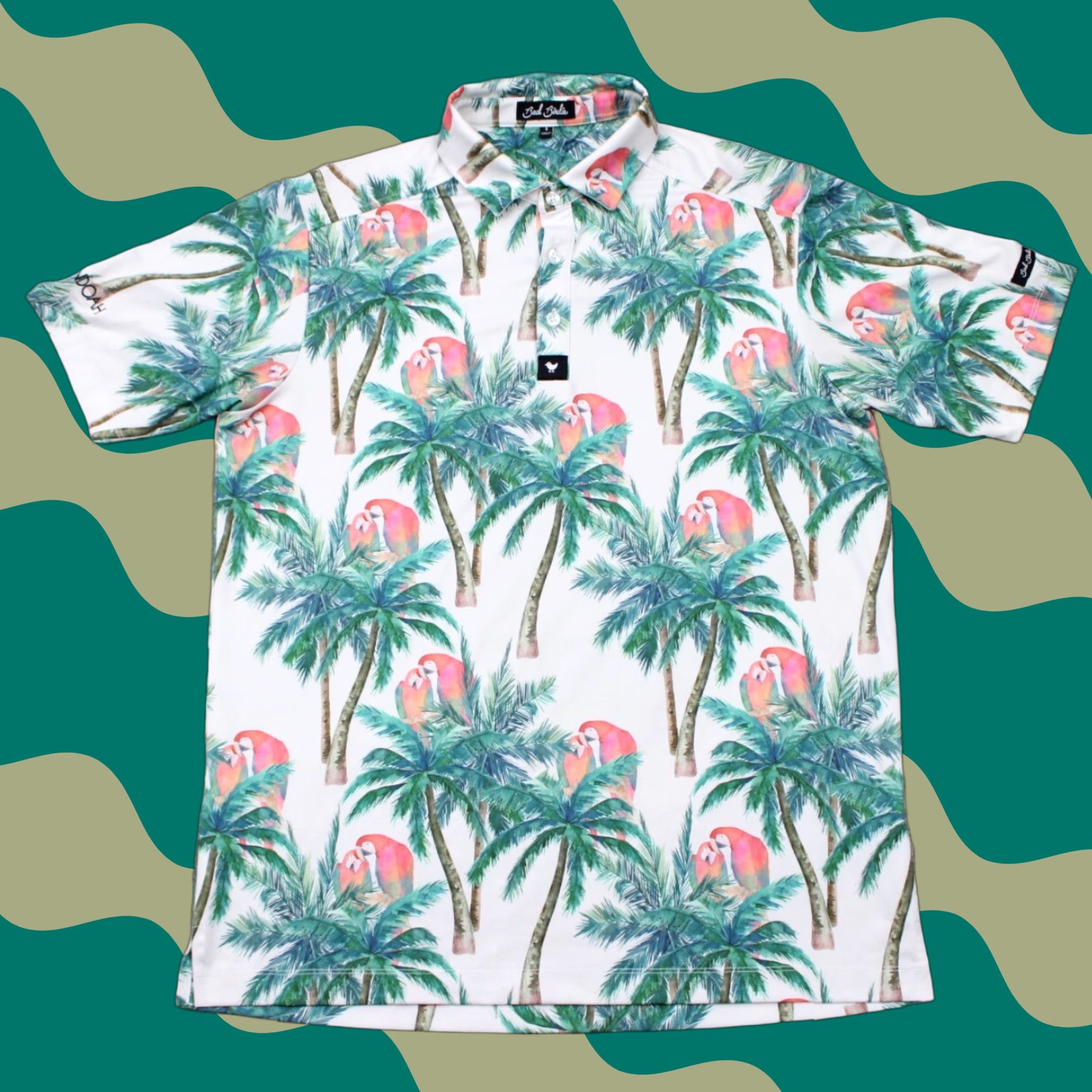 Bad Birdie Polo Shirt Mens Small Green White Palm Tree S/S Island Hopper Golf