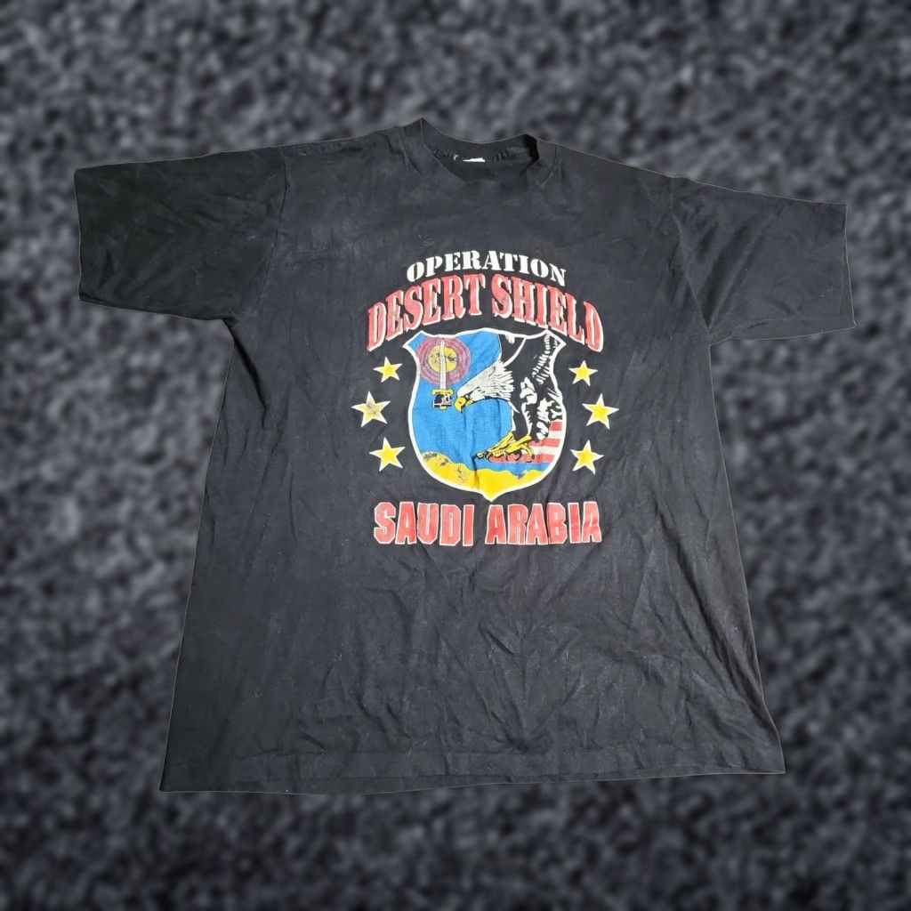 Vintage VINTAGE 90s Mens L Military T-Shirt Crew Neck Cotton Black Short Sleeve Logo Event Desert Shield Size US L / EU 52-54 / 3 - 1 Thumbnail