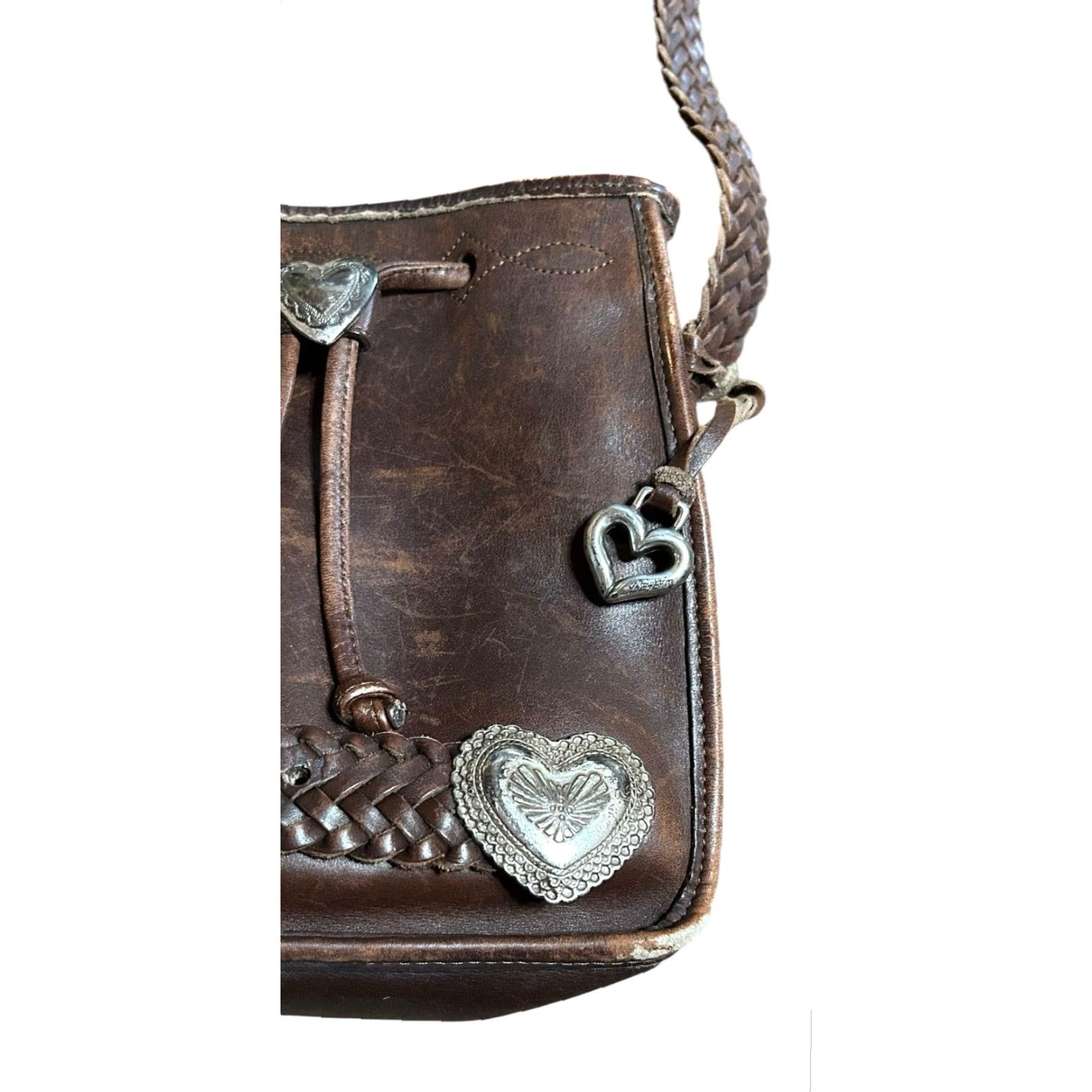 Brighton VINTAGE Brighton Western Crossbody Purse Hearts Leather Brown Conchos Damaged Women Crossbody Bag Medium Brown Leather, Silver Hardware Women Size ONE SIZE - 4 Thumbnail
