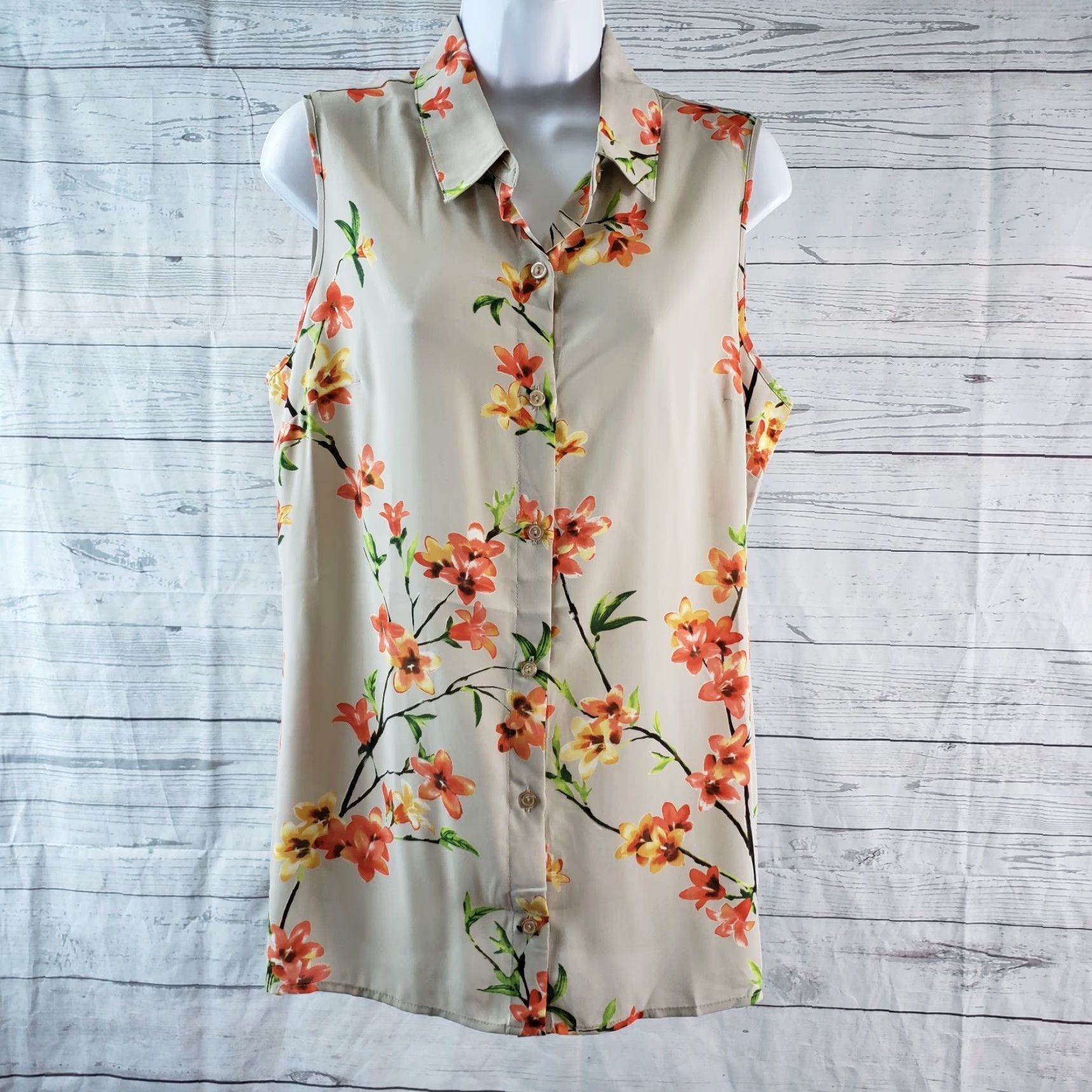 Vintage Susan Graver Womens Button Front Shirt Sz 10 Beige Orange Floral Sleeveless Blouse Size L / US 10 / IT 46 - 2 Thumbnail