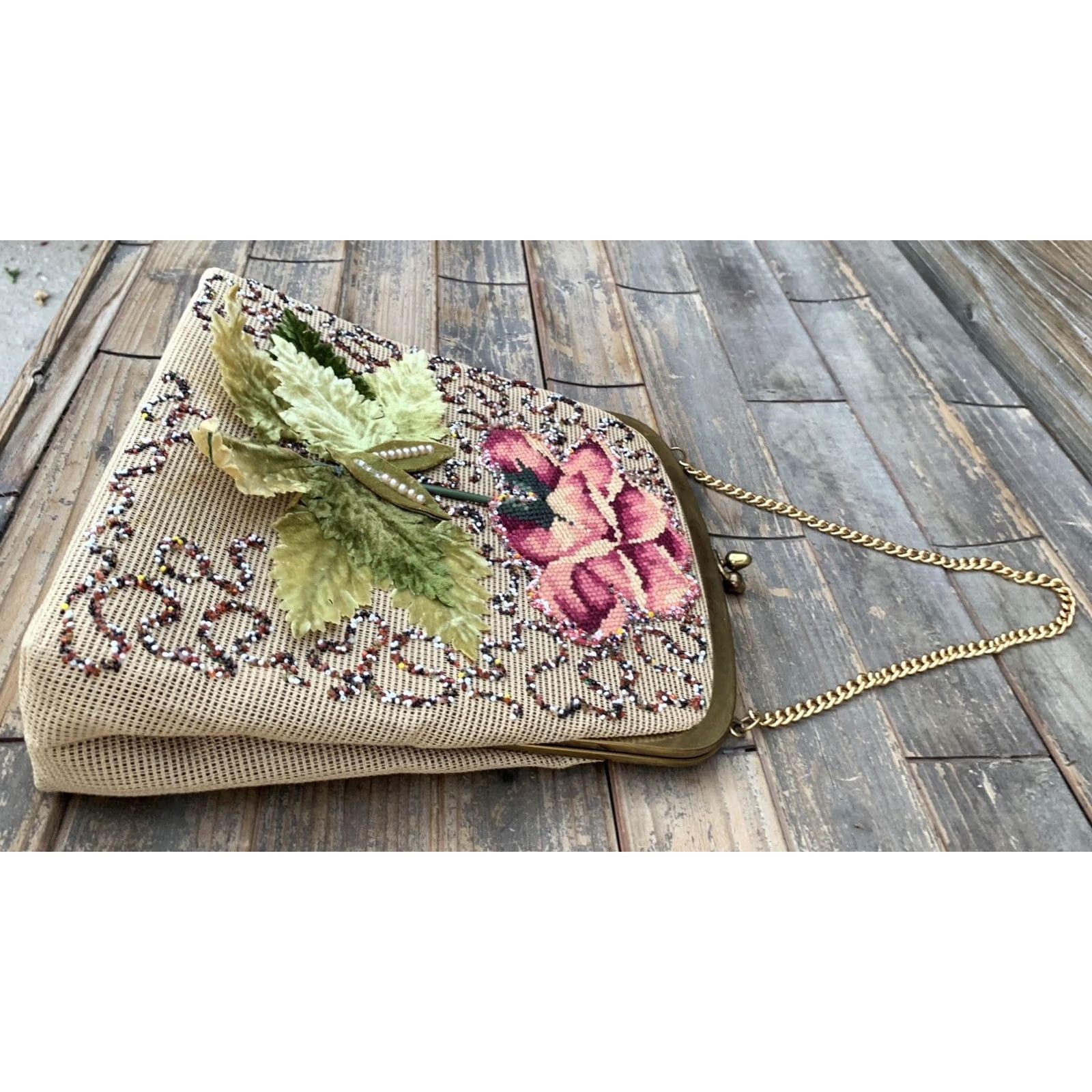 Vintage VINTAGE Jolles Purse Hand Bag Beige Floral 1950s Original Purse Designer Look Size ONE SIZE - 4 Thumbnail