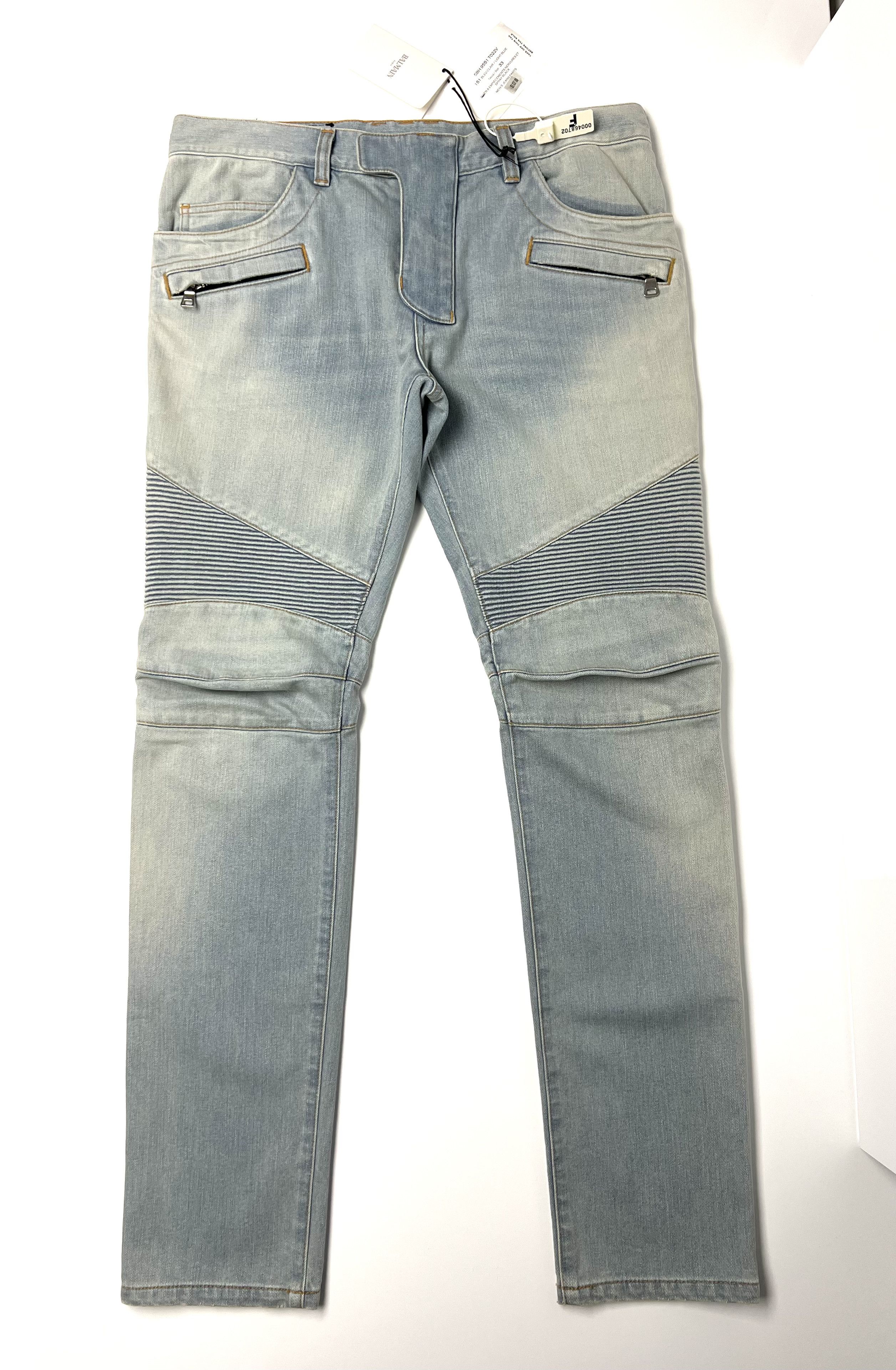 NEW, 1137$ BALMAIN LIGHT BLUE BIKER DENIM JEANS