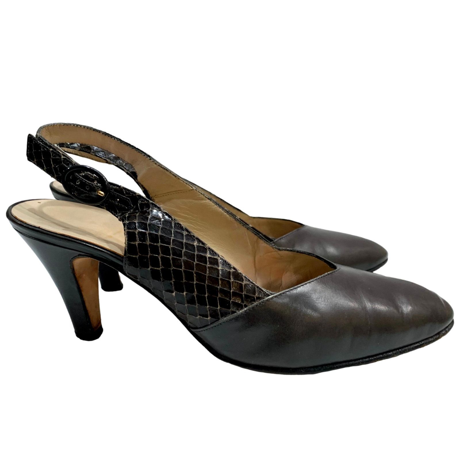 Genuine Leather × Salvatore Ferragamo × Vintage Vintage Ferragamo Dark Gray Leather & Snake Sling Backs | 6 Size US 6 / IT 36 - 1 Thumbnail