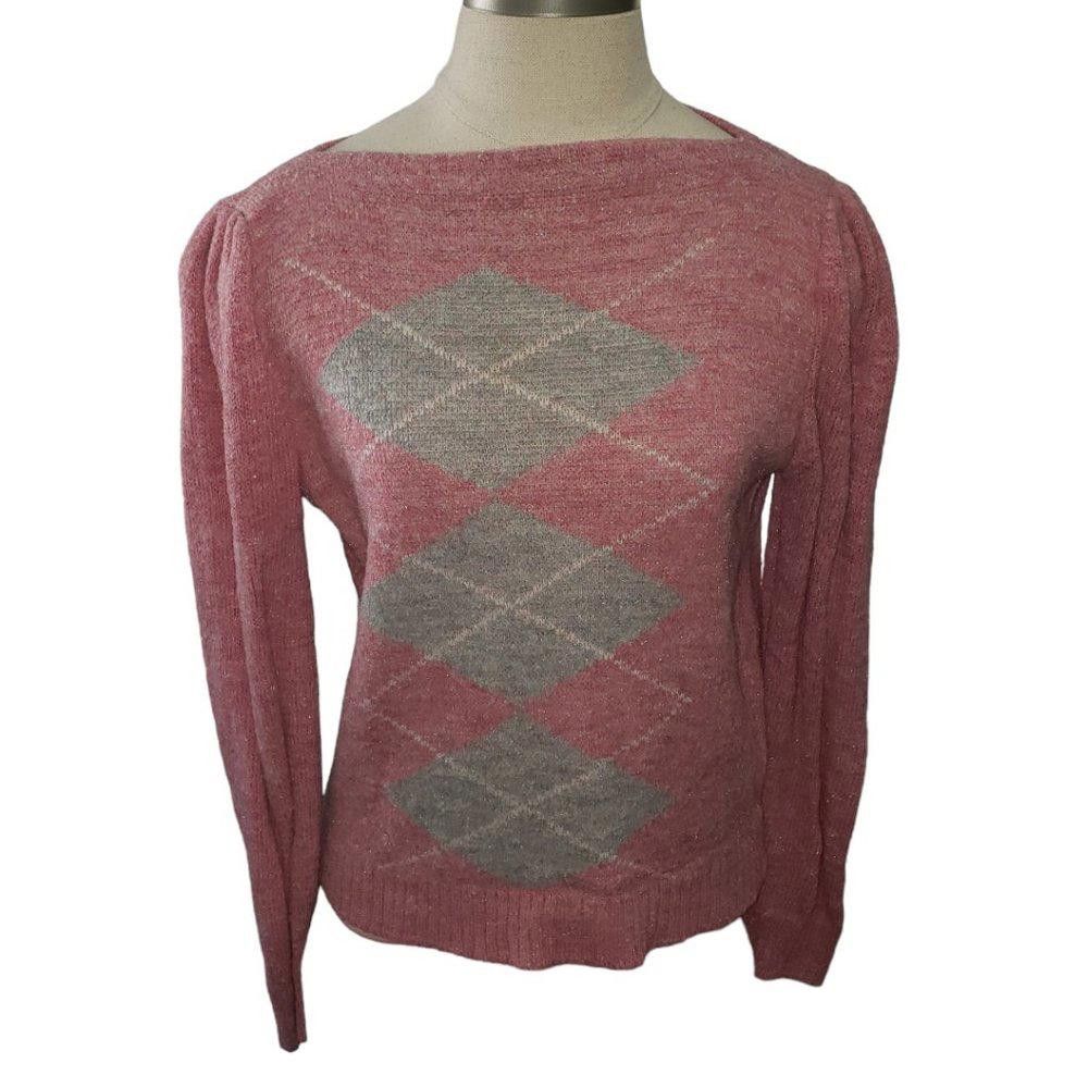 Designer CT780 Ladies Pink & Gray Argyle Pattern Sweater S/P Size S / US 4 / IT 40 - 1 Thumbnail