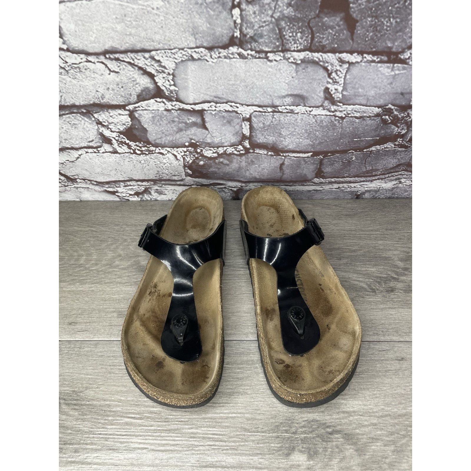 Birkenstock BIRKENSTOCK Gizeh Black Patent Leather Thong Cork Sandals Wo Size US 6.5 / IT 36.5 - 13 Thumbnail