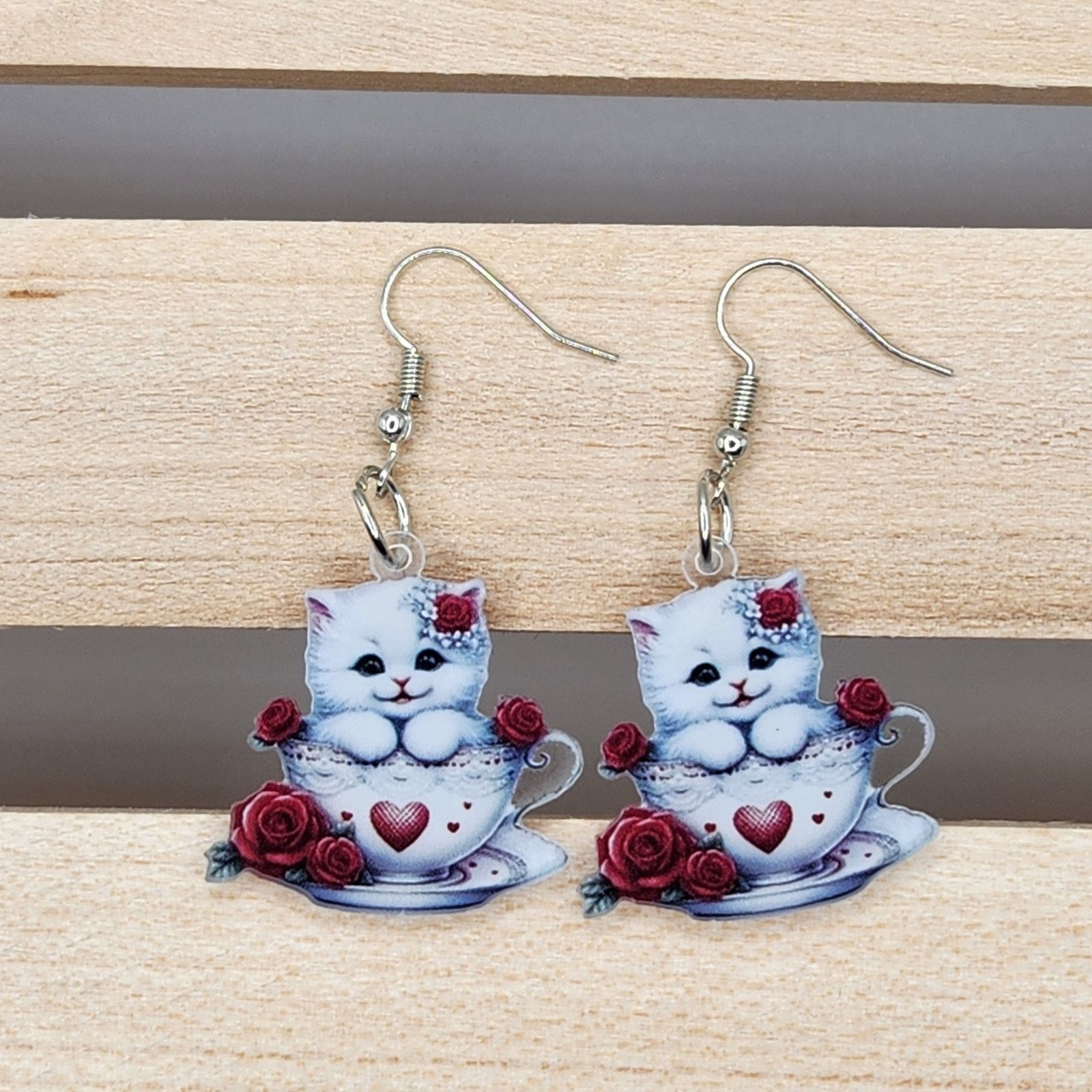 Other White Cat in Teacup Acrylic Earrings with Red Roses Size ONE SIZE - 1 Thumbnail