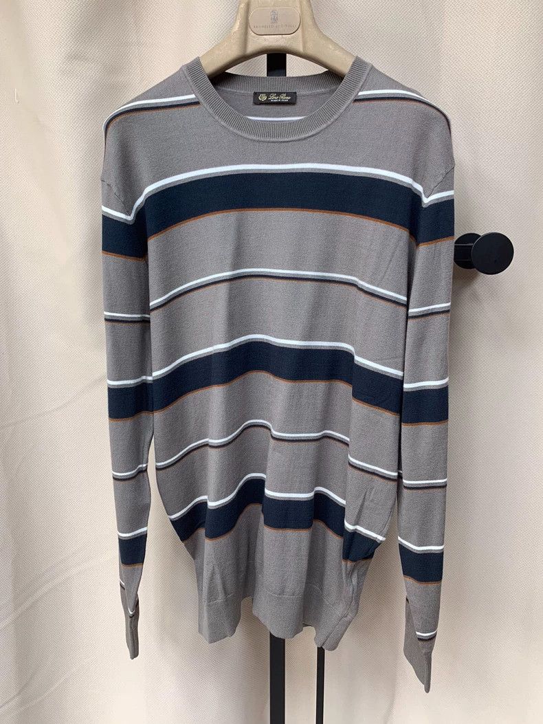 Loro Piana LORO PIANA Grey cotton fabric with dark blue thick stripe Size US M / EU 48-50 / 2 - 4 Thumbnail