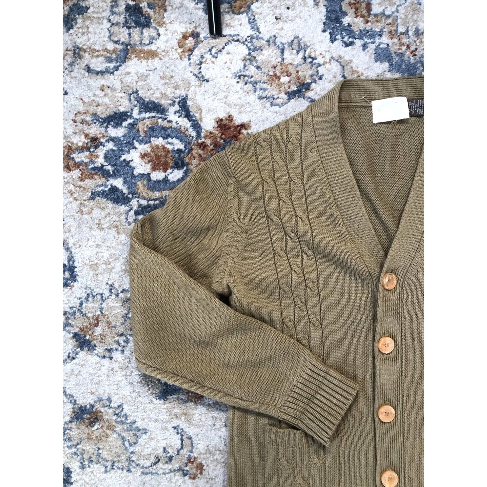JCPenney VINTAGE JCPenney Sweater Cardigan Mens Large Green Cable-Knit Pockets 80s Size US L / EU 52-54 / 3 - 3 Thumbnail