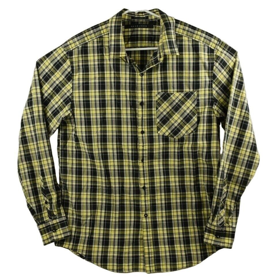 Sean John Sean John Mens XL Button Down Pocket Black and Yellow Plaid Size US XL / EU 56 / 4 - 1 Thumbnail
