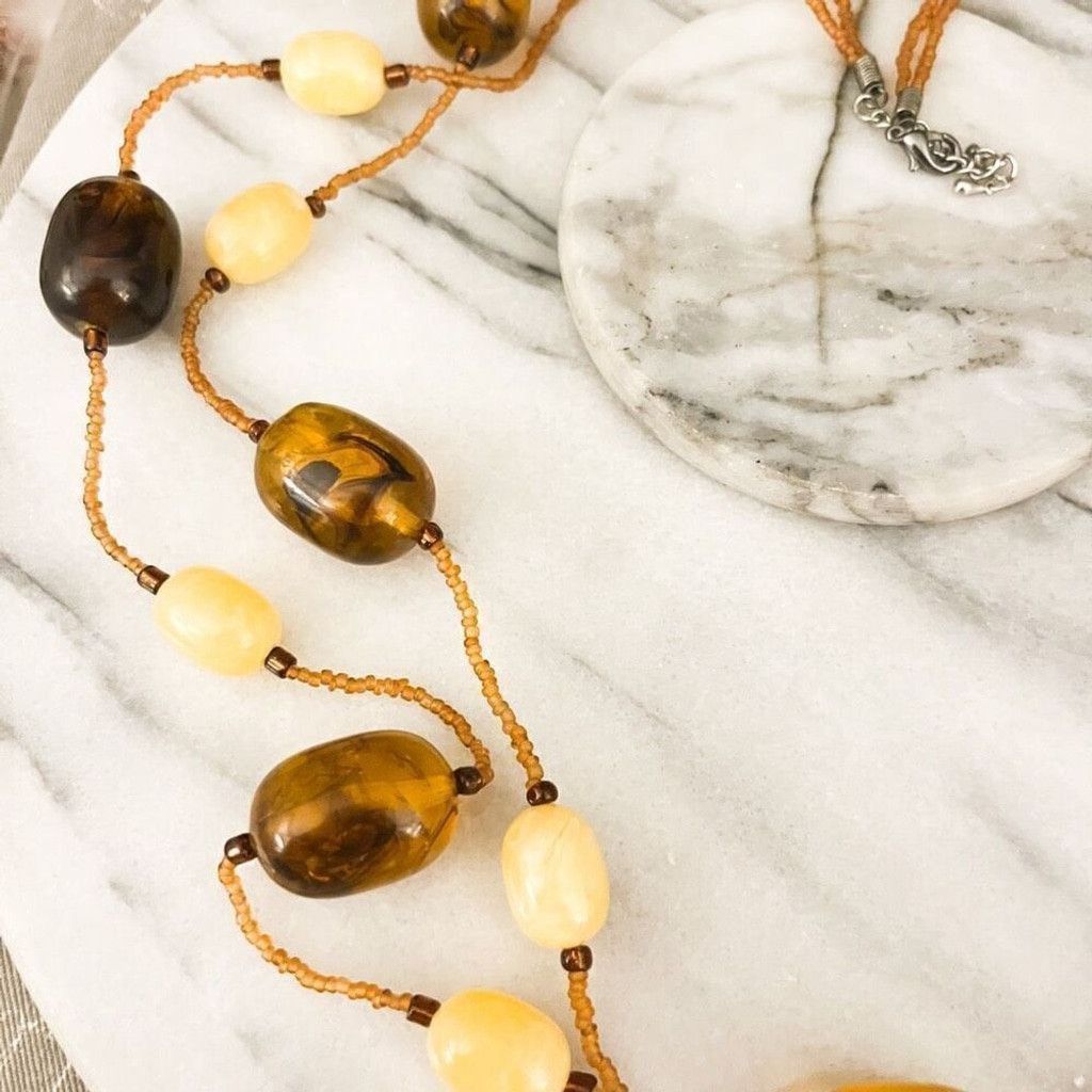 Jewelry Chunky Amber Acrylic Bead Necklace 2 Strand Layered Brown Size ONE SIZE - 3 Thumbnail