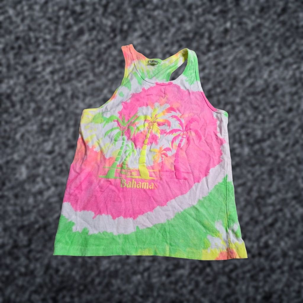 Vintage VINTAGE Sun Triangle Men's Tank Top 1980s Tie Dye Neon White Cotton Casual M/L Unisex Size US M / EU 48-50 / 2 - 1 Thumbnail