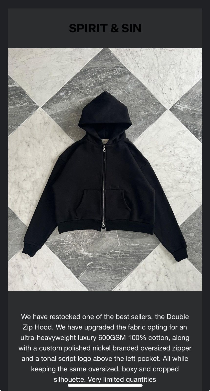 Other Spirit & Sin ULTRA-HEAVYWEIGHT DOUBLE ZIP HOOD - BLACK (S) Size US S / EU 44-46 / 1 - 1 Thumbnail