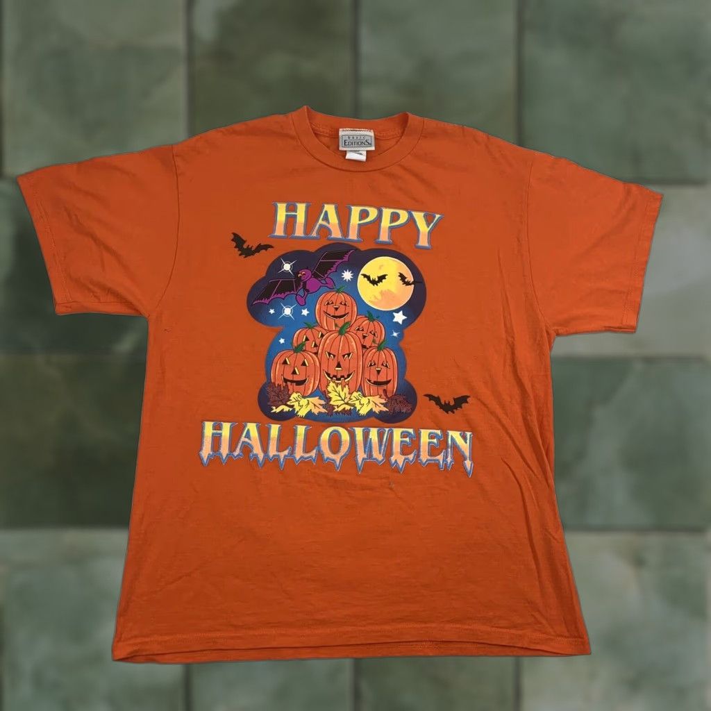 Basic Editions VINTAGE Basic Editions Happy Halloween T-Shirt Adult Large Orange Spooky Scary 90s Mens Size US L / EU 52-54 / 3 - 1 Thumbnail