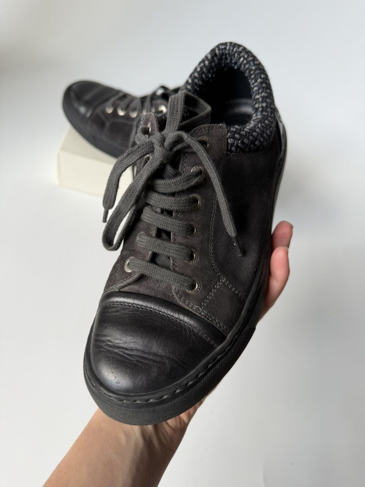 Chanel CHANEL Gray Black Suede Tweed Low Top Lace Up Sneaker Shoes Size US 7 / IT 37 - 25 Thumbnail