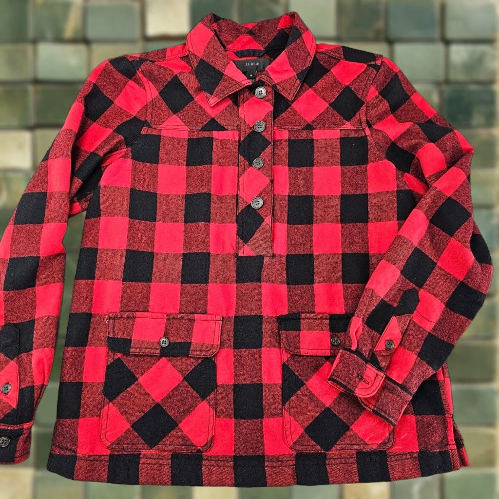 J.Crew J. Crew Sweater Womens XS Red Plaid 1/2 Button Pullover Shacket Pockets Buttoned Collar Knit Crew Cardigan Everyday Casual Workwear Fall Winter Size XS / US 0-2 / IT 36-38 - 1 Thumbnail