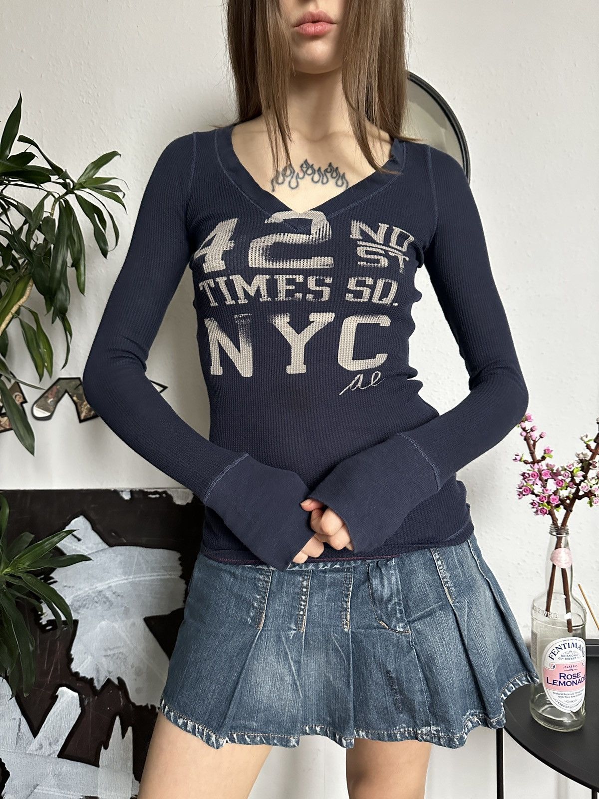American Eagle Outfitters × Vintage 2000s American Eagle Waffle Sheath Skinny Long Sleeve Top Size XS / US 0-2 / IT 36-38 - 4 Thumbnail