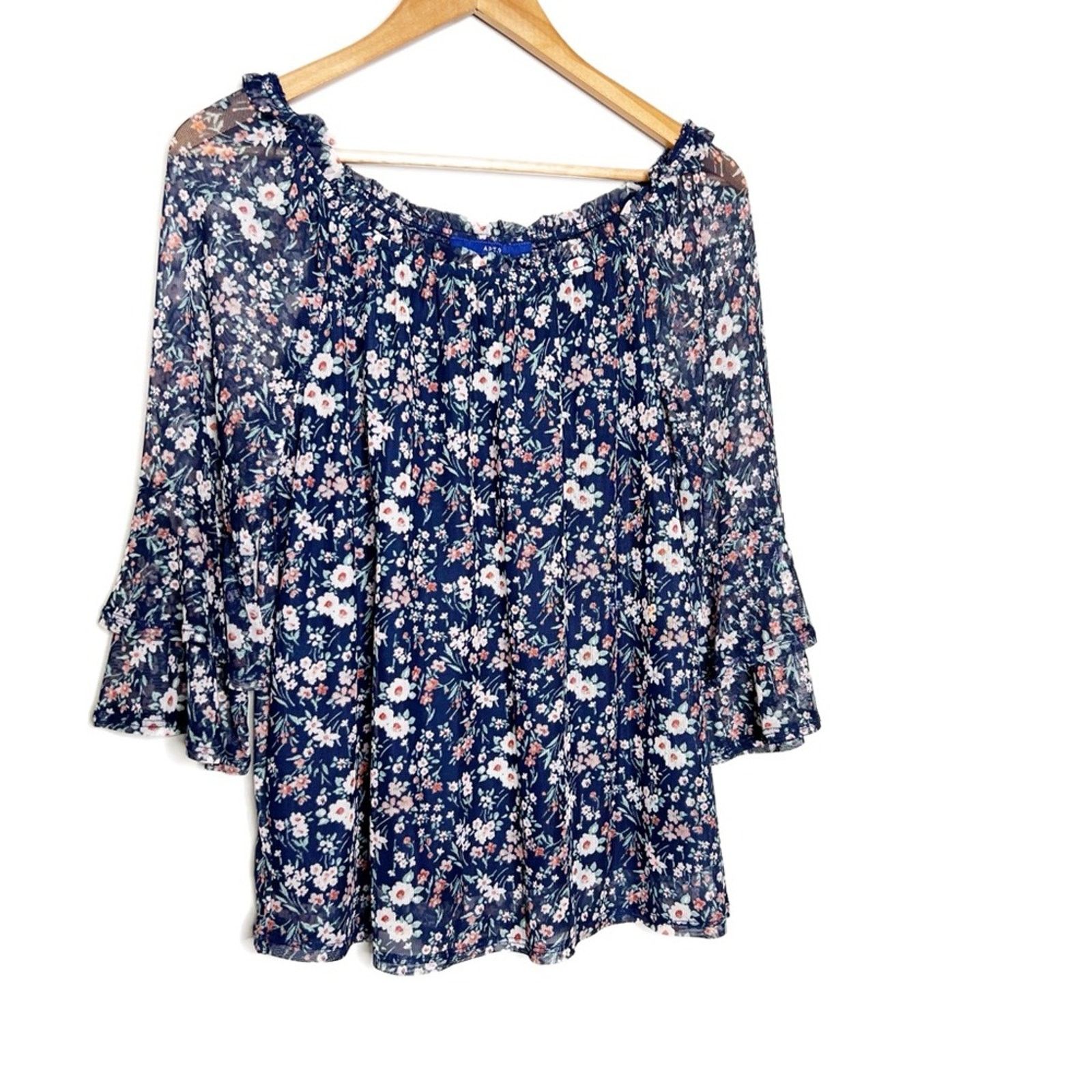 Apt. 9 APT.9 Women’s Floral Mesh Navy Blue Bohemian Blouse Top Size S / US 4 / IT 40 - 1 Thumbnail
